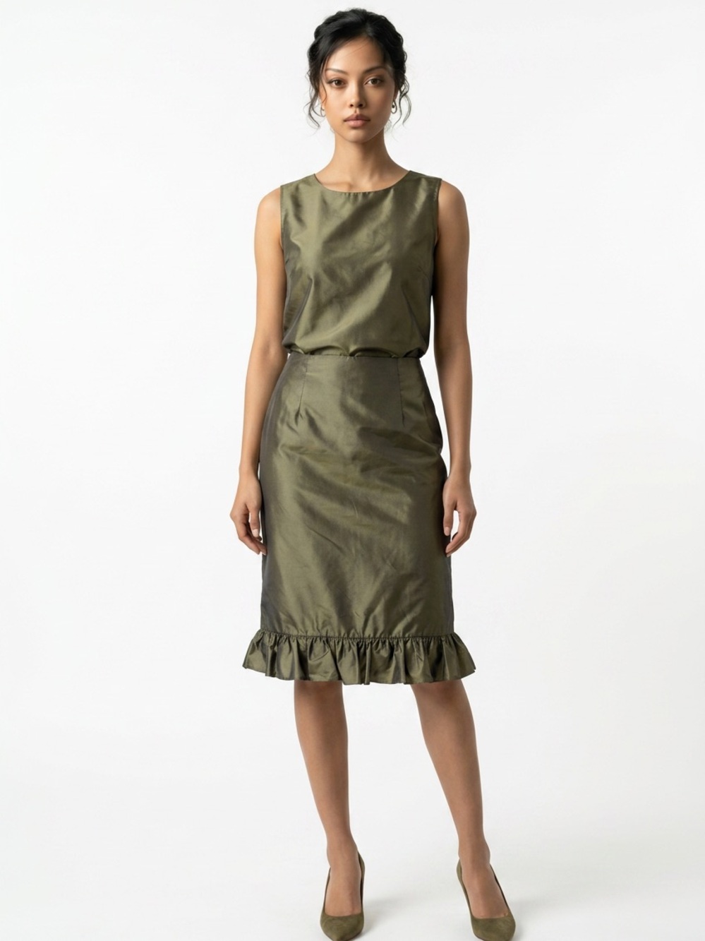 Teri Jon By Rickie Freeman Silk Olive Green Women 4 Below Knee Ruffle-Hem Skirt